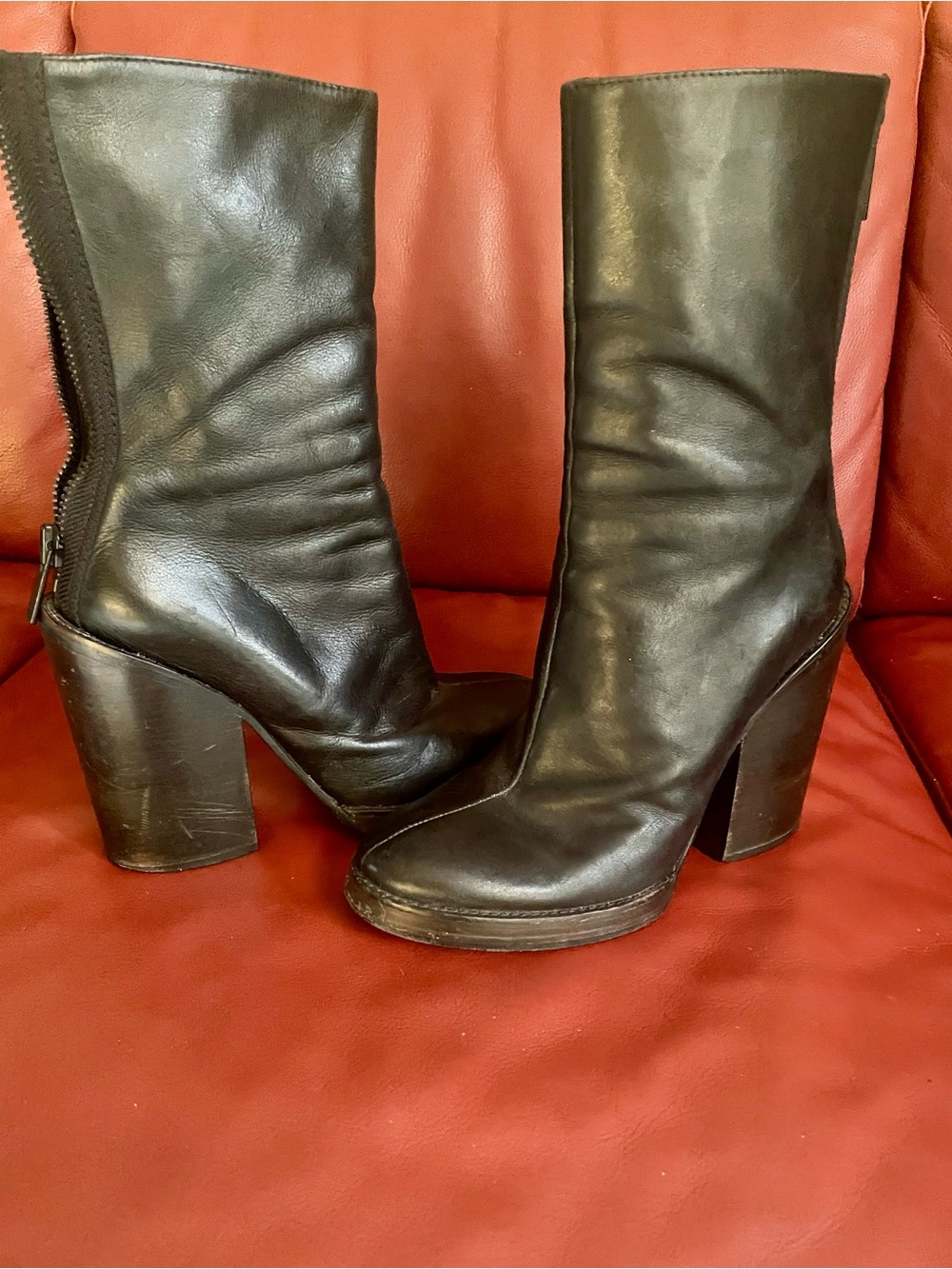 Haider Ackermann Women's Black Leather Block Heel Mid-Calf Boots